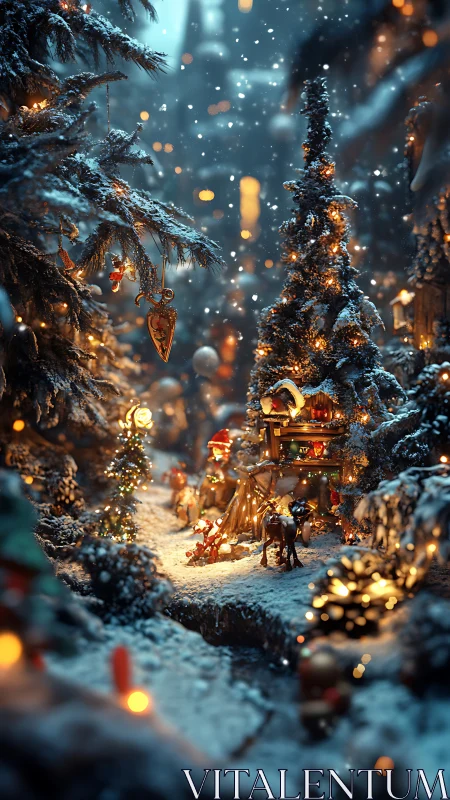 Snowy miniature Christmas village glows with warm lights