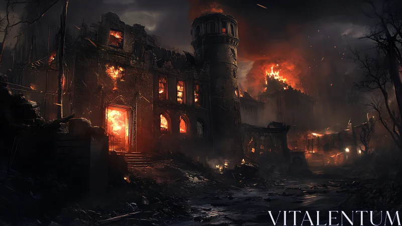 Inferno-Consumed Fortress Ablaze in Apocalyptic Dusk
