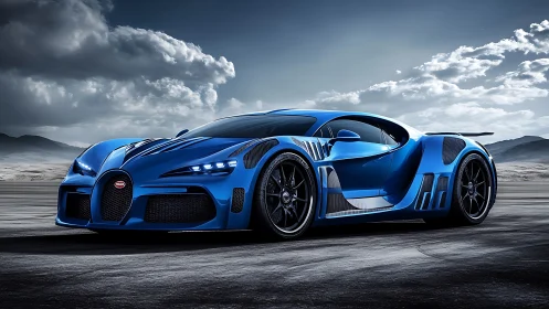 Blue hypercar on open road under dramatic cloudy sky.