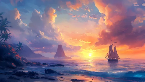 Sunset-sailed brig chasing molten gold across quiet tides.