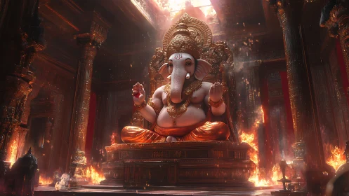 Ganesha statue in ornate hall with surrounding fire elements.