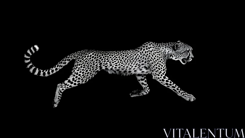 Monochrome cheetah locomotion study on null black field.