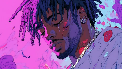 High-contrast cel-shaded portrait with neon gradients and liquid motion