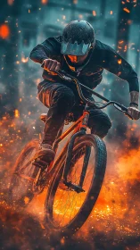 Mountain Biker Launches Through Inferno. Extreme Action.