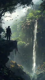 Lone ranger surveys misty jungle canyon and waterfall vista.