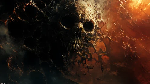 Molten cosmic skull emerging from turbulent infernal nebula