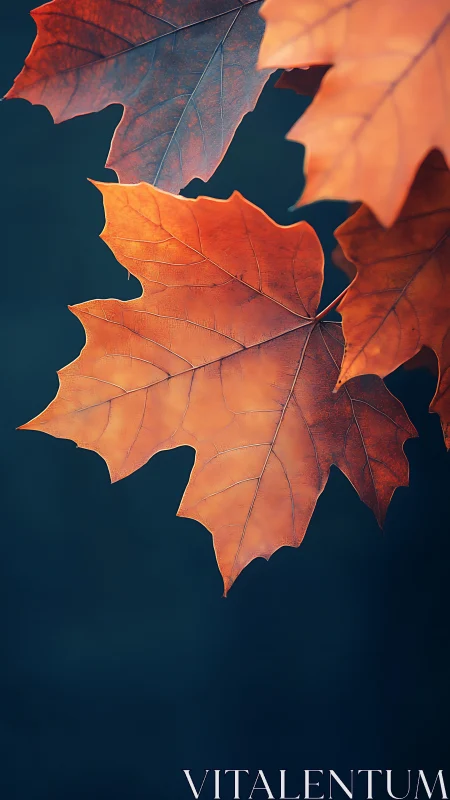 Golden maple leaves glow sharply against deep teal background