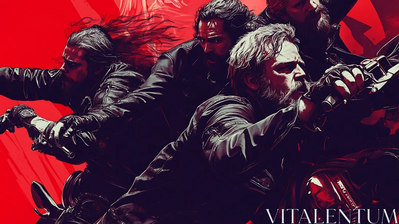 Biker gang surges forward across crimson graphic storm