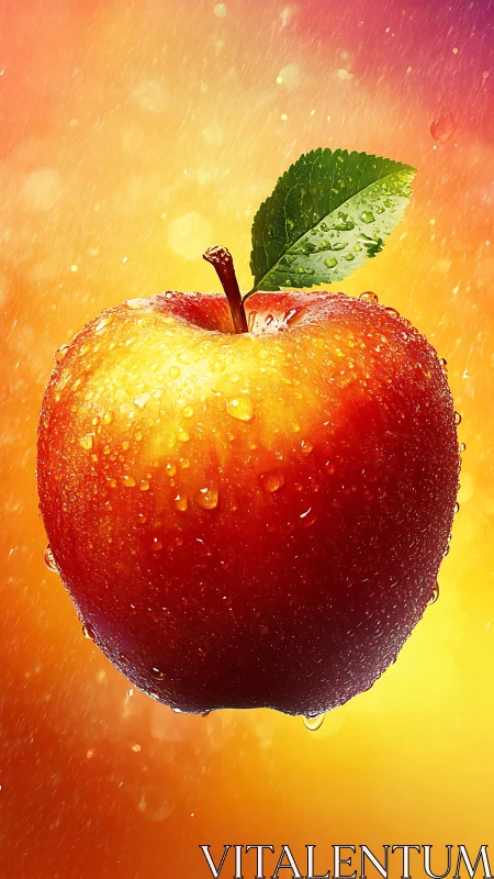 High-saturation dew-covered apple suspended in radiant light