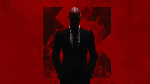 Photorealistic noir silhouette against geometric crimson field.