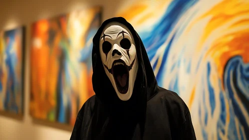 Hooded scream mask figure amid vivid abstract canvases.