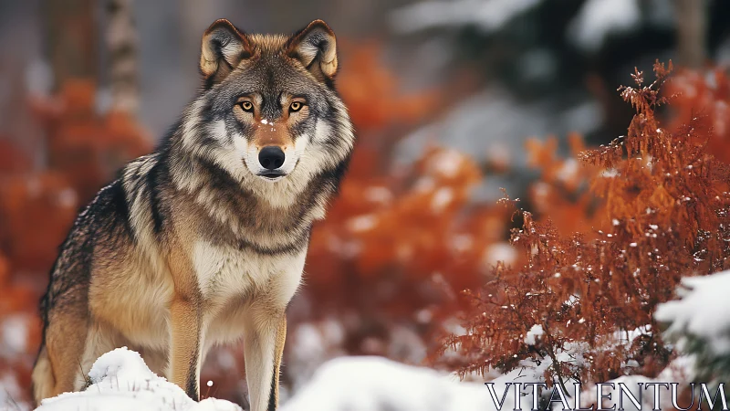 Timber wolf standing alert in snowy autumn forest scene.