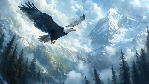 Majestic bald eagle soaring over snowy mountain landscape, digital art.
