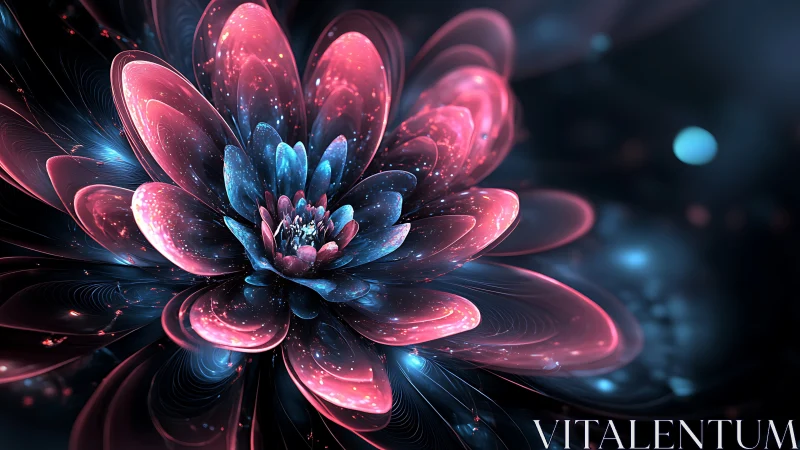 Fractal neon flower rendered with luminous translucent petals and bokeh