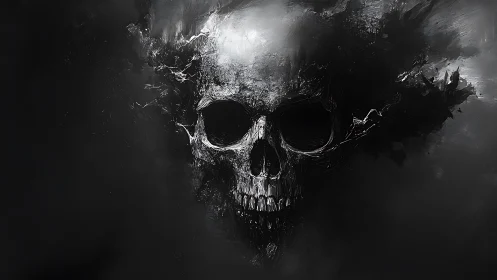 Skull emerging from volatile smoke in monochrome abstraction.