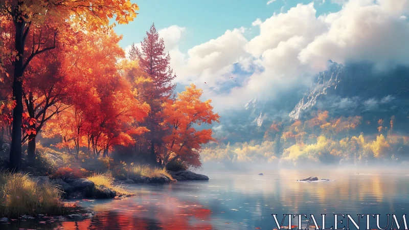 Autumn forest glows beside misty lake and distant peaks.