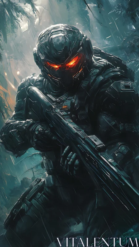 Armored sci fi guardian with glowing eyes in misty jungle.