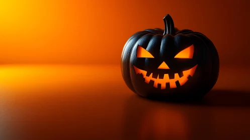 Glowing jack o lantern rests on smooth orange surface