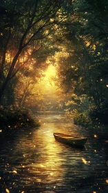 Golden boat drifts through a sunlit, enchanted river forest.