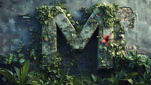 Monolithic letter M reclaimed by lush, overgrown nature.