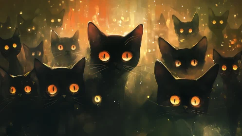Black Cats with Glowing Eyes in Mystic Firelit Atmosphere.