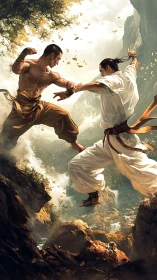 Martial artists clash midair above misty mountain gorge.