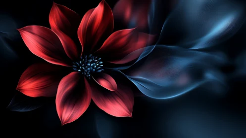Digital painting of crimson bloom with ethereal wave forms.