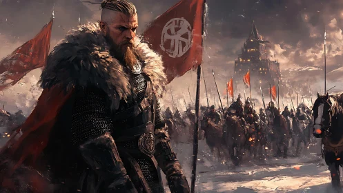 Digital painting of viking warlord leading winter siege army.