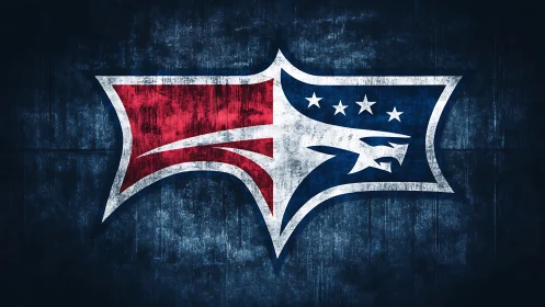 Split red and blue emblem with stylized head and four stars