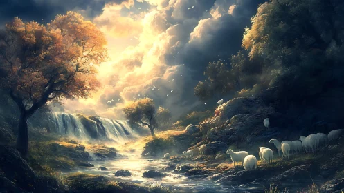 Sheep graze by a waterfall under dramatic glowing clouds