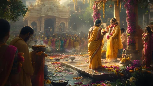 Temple courtyard ritual glows under warm festival light