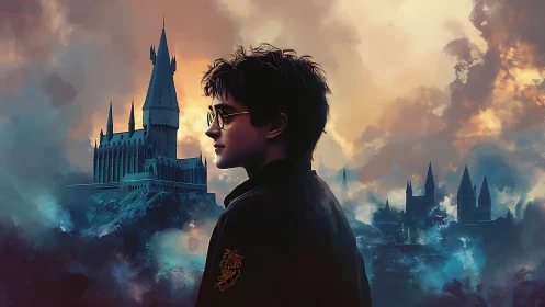 Young wizard in profile surveys a mist-shrouded gothic castle