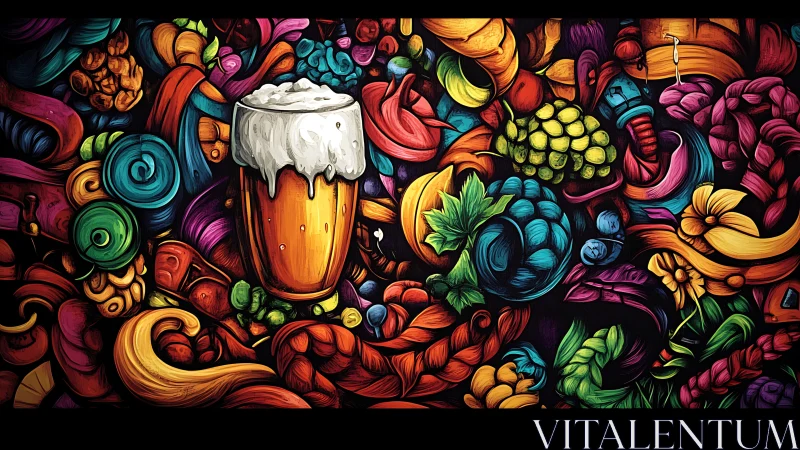 Colorful craft beer glass amid bold hop and fruit art.