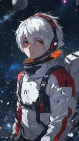 White-haired space-suited figure with headset in starfield.