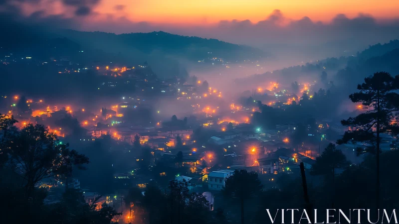 Evening mist disperses over a small illuminated hillside town