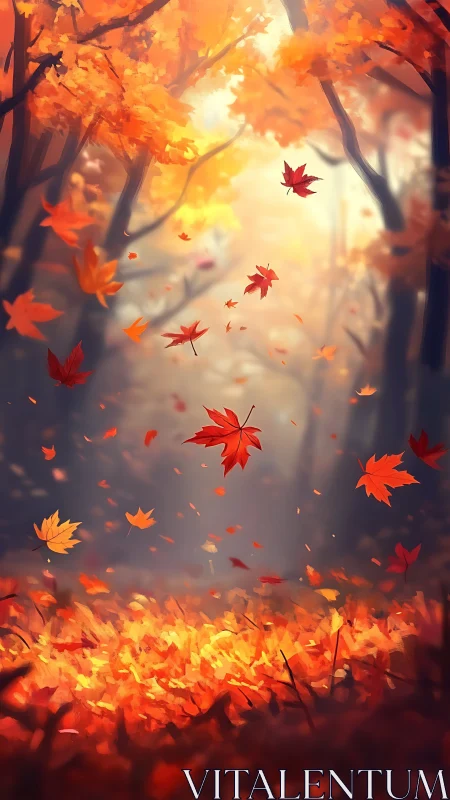 Crimson leaves swirling through sunlit autumn forestscape.