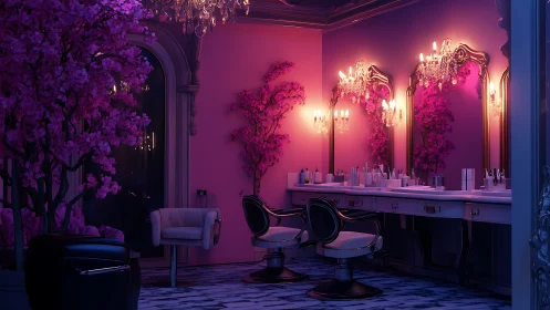 Chromatic salon vanity with magenta bloom reflections.