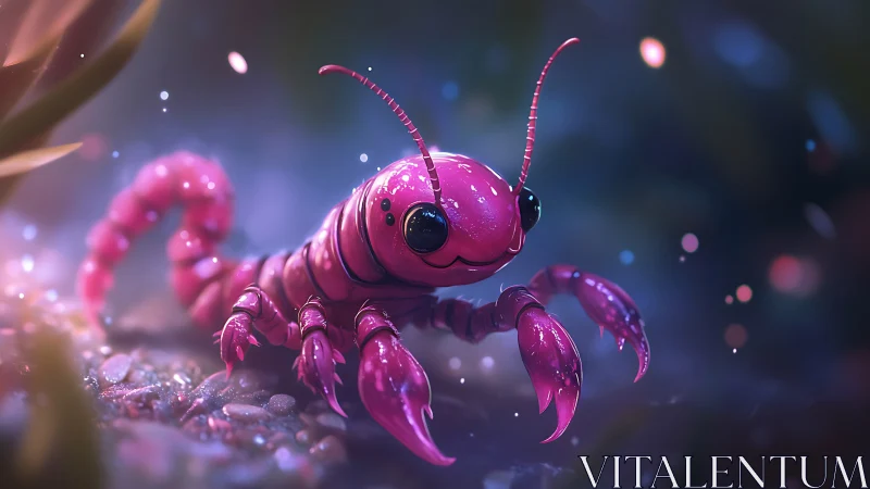 Pink cartoon centipede with glossy shell on forest floor.