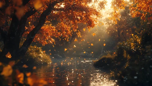 Sunlit autumn river under glowing orange forest canopy.