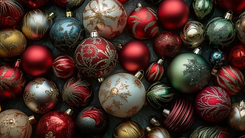 Christmas glass baubles with rich metallic glitter patterns.
