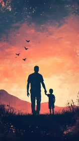 Silhouetted father and child wandering under ember skies.