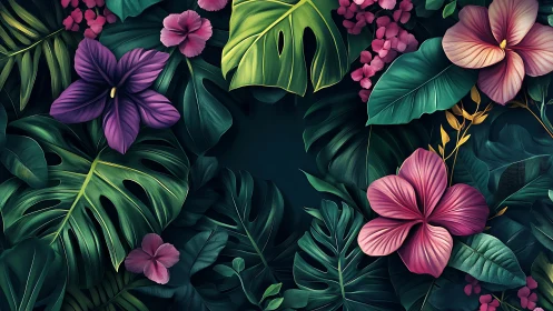 Tropical Floral Digital Artwork with Dark Background