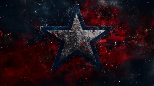 Grunge metallic star emblem floats over red splatter field