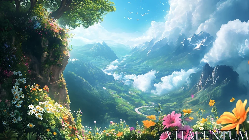 Luminous alpine valley with wildflower foreground and clouds.