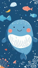Smiling cartoon whale with colorful fish in deep sea scene.
