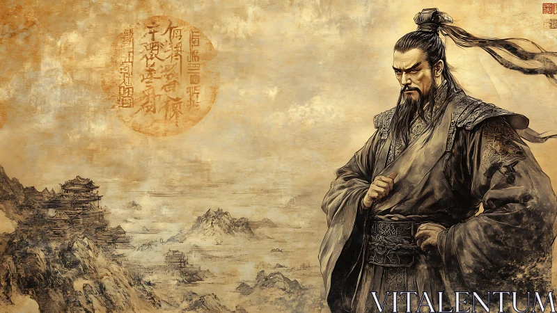 Ancient Chinese warlord figure beside mountainous coast landscape.