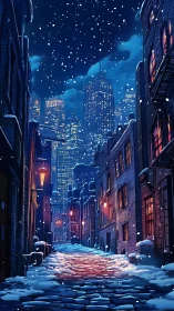 Snow-covered cobblestone alley under blue urban night skyline