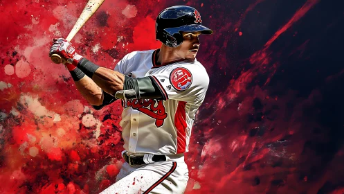 Baseball hitter prepares swing against abstract red backdrop