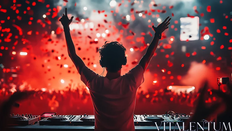 DJ controls club stage while crowd and confetti surround him