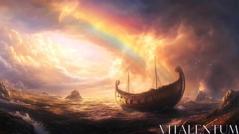 Viking longship under refracted stormlight and spectral arc.